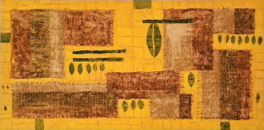 „Element Erde“ – Mischtechnik (Jute/Acryl/Aquarell) auf Leinwand, 50 x 100  cm; archaisch‑erdige Struktur.