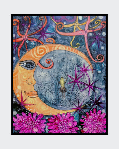 Abstraktes, vertikales Gemälde "MONDSCHAUKEL" (40x30 cm) von Kirsten Kohrt: Eine verträumte Komposition in Aquarell und Interferenzfarbe, akzentuiert mit Grafikliner-Details auf Leinwand. Beschwört ein Gefühl der Verbundenheit mit dem Universum und lädt zum inneren Frieden ein.