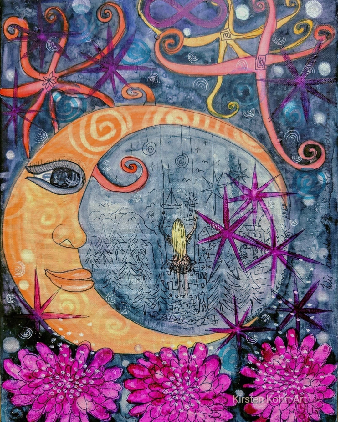 Abstraktes, vertikales Gemälde "MONDSCHAUKEL" (40x30 cm) von Kirsten Kohrt: Eine verträumte Komposition in Aquarell und Interferenzfarbe, akzentuiert mit Grafikliner-Details auf Leinwand. Beschwört ein Gefühl der Verbundenheit mit dem Universum und lädt zum inneren Frieden ein.