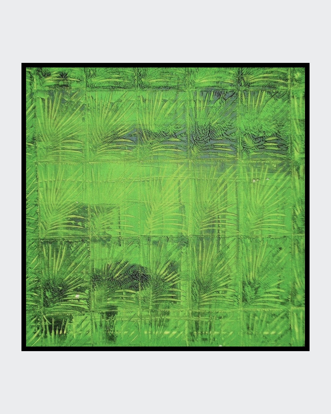 „Palmblatt“ – Acryl mit Stempeldruck, 60 × 60 cm; leuchtendes Grün, grafisches Blattmotiv.