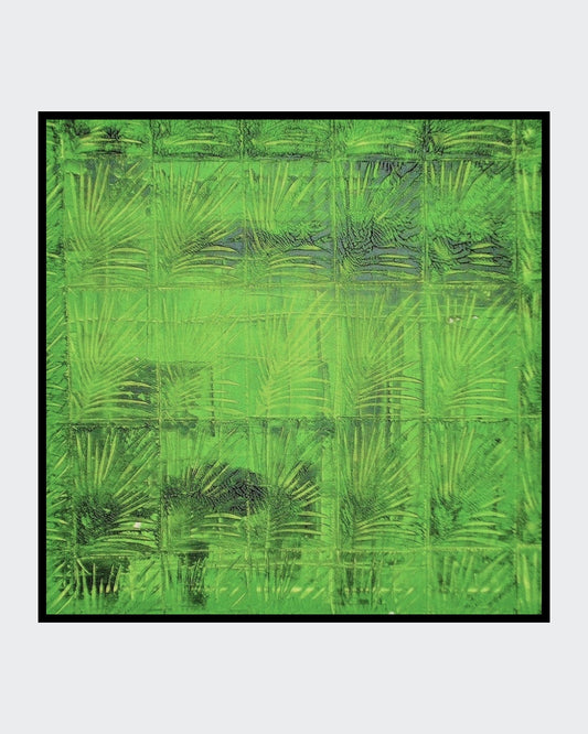 „Palmblatt“ – Acryl mit Stempeldruck, 60 × 60 cm; leuchtendes Grün, grafisches Blattmotiv.