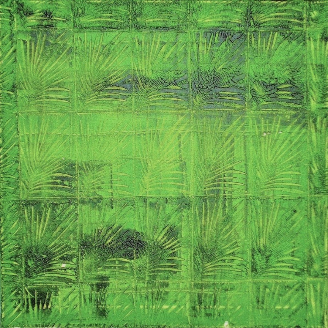 „Palmblatt“ – Acryl mit Stempeldruck, 60 × 60 cm; leuchtendes Grün, grafisches Blattmotiv.