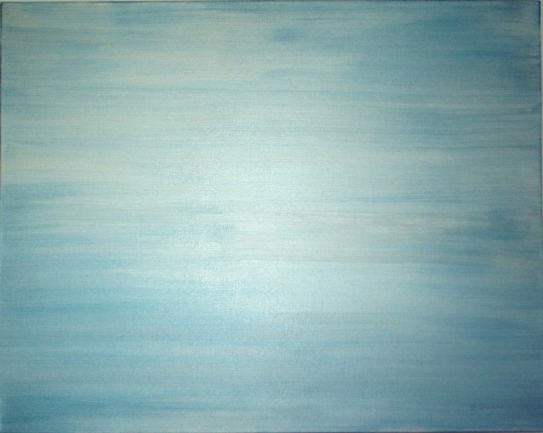 Stille See“ – Acryl auf Leinwand, 80 × 100 cm; sanfte blau‑graue Verläufe, horizontale Ruhe.