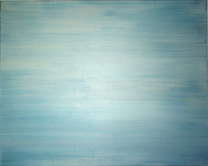Stille See“ – Acryl auf Leinwand, 80 × 100 cm; sanfte blau‑graue Verläufe, horizontale Ruhe.
