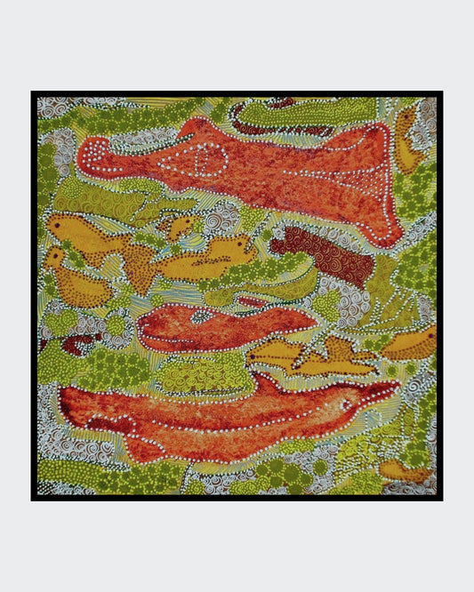 „Traumzeit“ – Acryl/Struktur auf Leinwand, 60 × 60 cm; ornamentale, erzählerische Schichten.