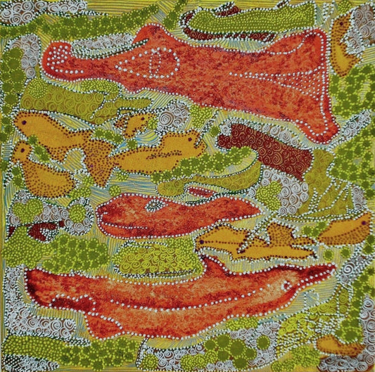 „Traumzeit“ – Acryl/Struktur auf Leinwand, 60 × 60 cm; ornamentale, erzählerische Schichten.