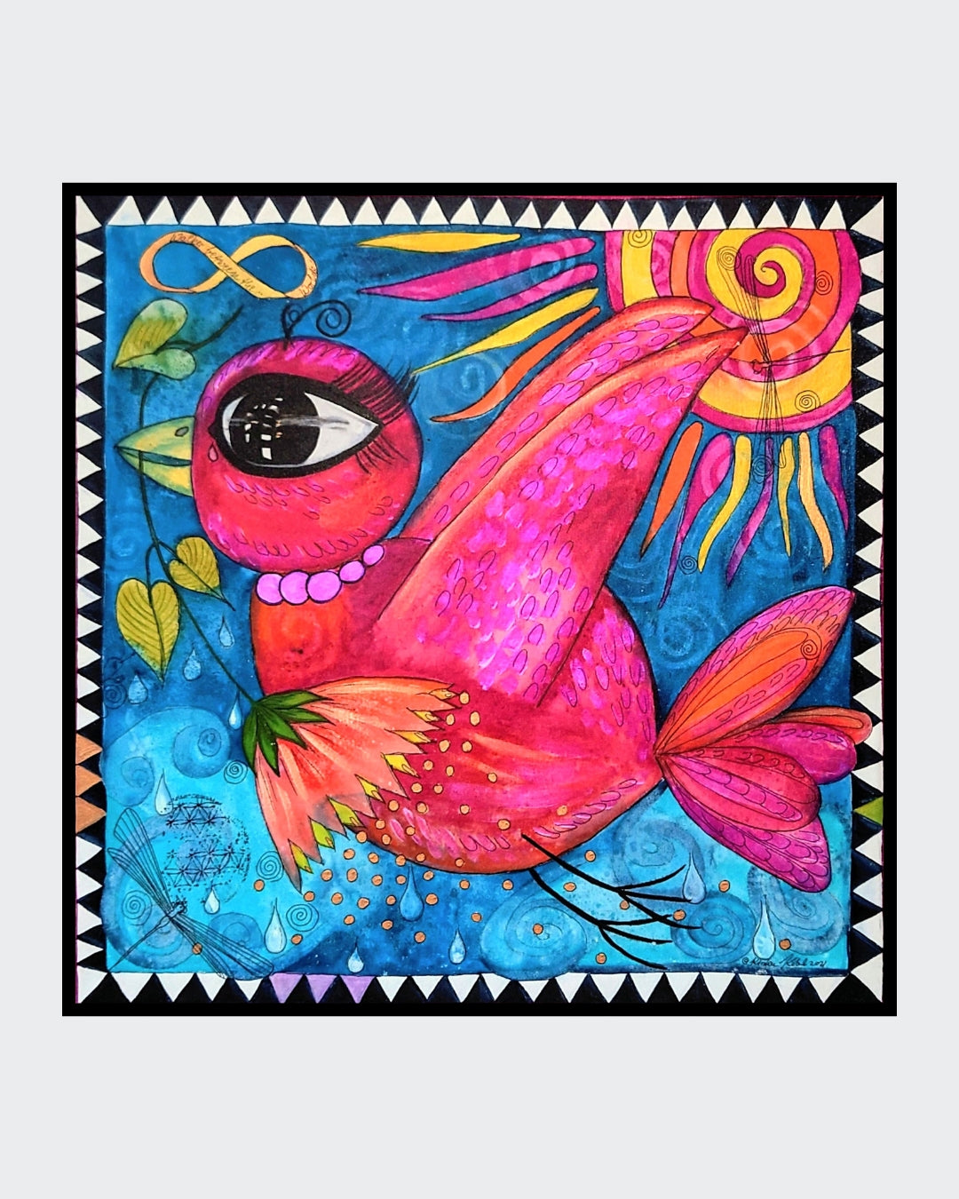 Abstraktes, farbenfrohes Gemälde "VÖGELCHEN" (60x60 cm) von Kirsten Kohrt: Ein stilisierter Vogel mit einer Blüte im Schnabel, umgeben von dynamischen Elementen, Spiralen und Libellen. Mischtechnik mit Aquarell, Stempelung und Grafikliner auf Leinwand. Vermittelt Hoffnung, Lebensfreude und die Akzeptanz des Wandels.