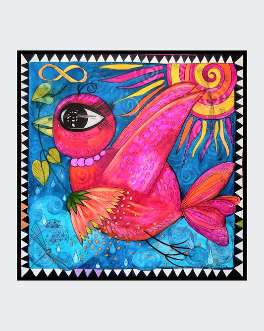 Abstraktes, farbenfrohes Gemälde "VÖGELCHEN" (60x60 cm) von Kirsten Kohrt: Ein stilisierter Vogel mit einer Blüte im Schnabel, umgeben von dynamischen Elementen, Spiralen und Libellen. Mischtechnik mit Aquarell, Stempelung und Grafikliner auf Leinwand. Vermittelt Hoffnung, Lebensfreude und die Akzeptanz des Wandels.