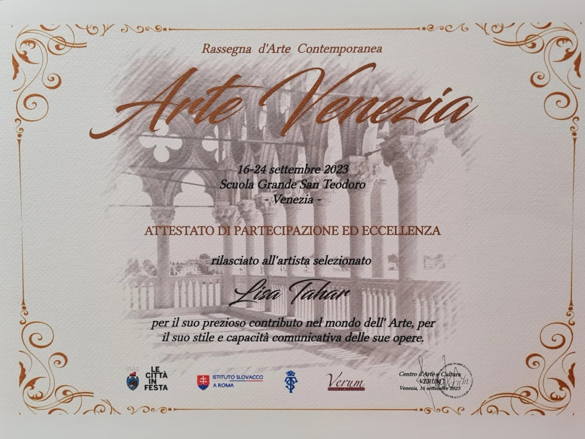 Urkunde Ausstellung Lisa Tahar