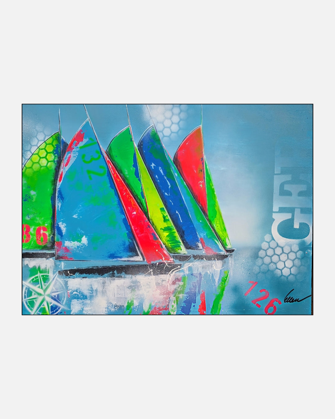 Abstrakte Acrylmalerei mit stilisierten Segelbooten in leuchtendem Blau, Grün, Rot und Gelb vor türkisfarbenem Hintergrund mit grafischen Zahlen- und Schablonenelementen.