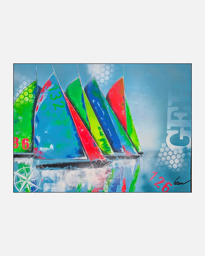Abstrakte Acrylmalerei mit stilisierten Segelbooten in leuchtendem Blau, Grün, Rot und Gelb vor türkisfarbenem Hintergrund mit grafischen Zahlen- und Schablonenelementen.