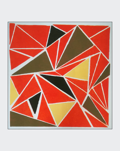 Quadratischer Farbholzschnitt von Marlis G. Schill mit geometrischen Dreiecksformen in Gelb, Orange, Oliv und Schwarz.