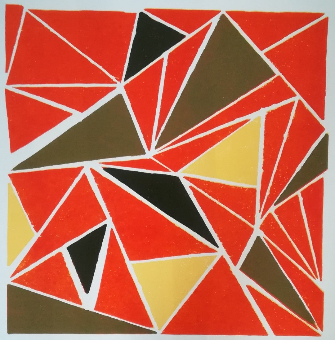 Quadratischer Farbholzschnitt von Marlis G. Schill mit geometrischen Dreiecksformen in Gelb, Orange, Oliv und Schwarz.