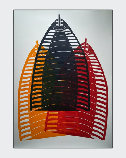 Farb-Holzschnitt von Marlis G. Schill zum Burj Al Arab in Dubai, gestaltet in Gelborange, Rot und Dunkelblau als Erinnerung an eine nächtliche Stadtszene.