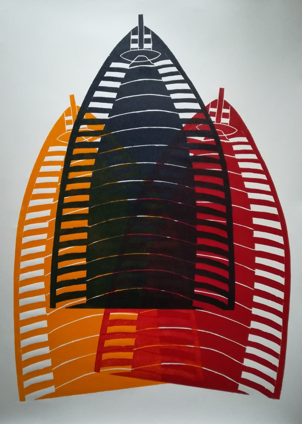 Farb-Holzschnitt von Marlis G. Schill zum Burj Al Arab in Dubai, gestaltet in Gelborange, Rot und Dunkelblau als Erinnerung an eine nächtliche Stadtszene.