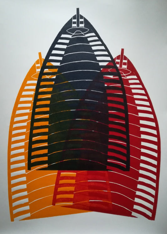 Farb-Holzschnitt von Marlis G. Schill zum Burj Al Arab in Dubai, gestaltet in Gelborange, Rot und Dunkelblau als Erinnerung an eine nächtliche Stadtszene.