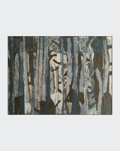 Abstrakte Farb-Holzschnitt-Collage von Marlis G. Schill in Grau- und Brauntönen, aus Streifen zusammengesetzt, mit angedeuteten hellen Lichtstreifen.