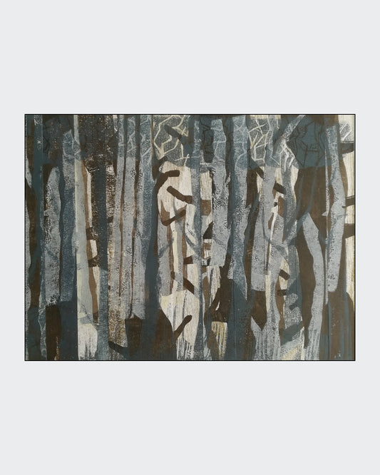 Abstrakte Farb-Holzschnitt-Collage von Marlis G. Schill in Grau- und Brauntönen, aus Streifen zusammengesetzt, mit angedeuteten hellen Lichtstreifen.