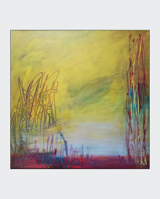 Ein abstraktes Gemälde in sanften Farben, das an eine nebelverhangene Landschaft erinnert. Helle, pastellartige Töne dominieren das Bild und erzeugen eine ruhige Atmosphäre. Der Betrachter kann schemenhaft Bäume oder andere natürliche Elemente erkennen. Die Künstlerin Marlis G Schill verwendet Acrylfarben und eine dynamische Pinselführung, um die Stimmung des Morgennebels einzufangen.