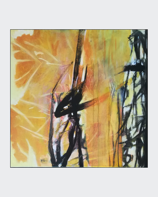 Ein abstraktes Gemälde in warmen, erdigen Tönen. Das Bild erinnert an eine herbstliche Landschaft mit bunten Blättern und reifen Früchten. Die Künstlerin Marlis G Schill verwendet eine Acryl-Collage-Technik, um interessante Strukturen und eine besondere Tiefe zu erzeugen.