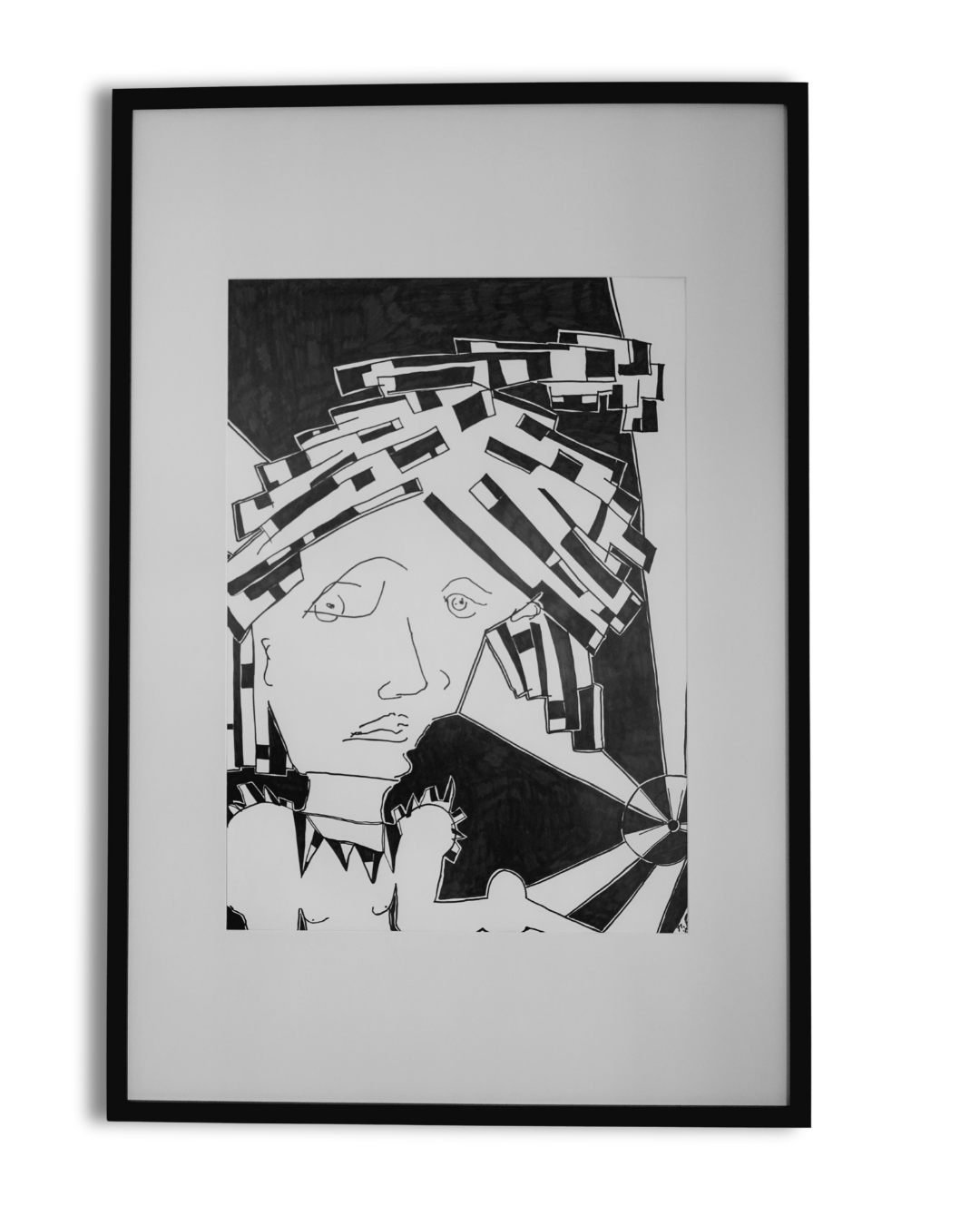 Atomic Grief aka Liberty (2025)" von Melanie Zürn. Ein kubistisches Schwarz-Weiß-Porträt (59,4x42 cm), das eine menschliche Figur mit geometrisch zerlegten Gesichtszügen und Haaren zeigt. Die Technik ist Edding auf Zeichenpapier. Das Bild besticht durch seine minimalistische Darstellung und die kraftvolle Ausdrucksweise.