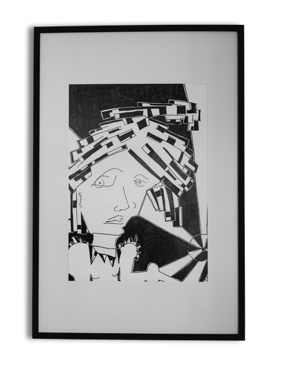 Atomic Grief aka Liberty (2025)" von Melanie Zürn. Ein kubistisches Schwarz-Weiß-Porträt (59,4x42 cm), das eine menschliche Figur mit geometrisch zerlegten Gesichtszügen und Haaren zeigt. Die Technik ist Edding auf Zeichenpapier. Das Bild besticht durch seine minimalistische Darstellung und die kraftvolle Ausdrucksweise.