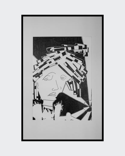 Atomic Grief aka Liberty (2025)" von Melanie Zürn. Ein kubistisches Schwarz-Weiß-Porträt (59,4x42 cm), das eine menschliche Figur mit geometrisch zerlegten Gesichtszügen und Haaren zeigt. Die Technik ist Edding auf Zeichenpapier. Das Bild besticht durch seine minimalistische Darstellung und die kraftvolle Ausdrucksweise.