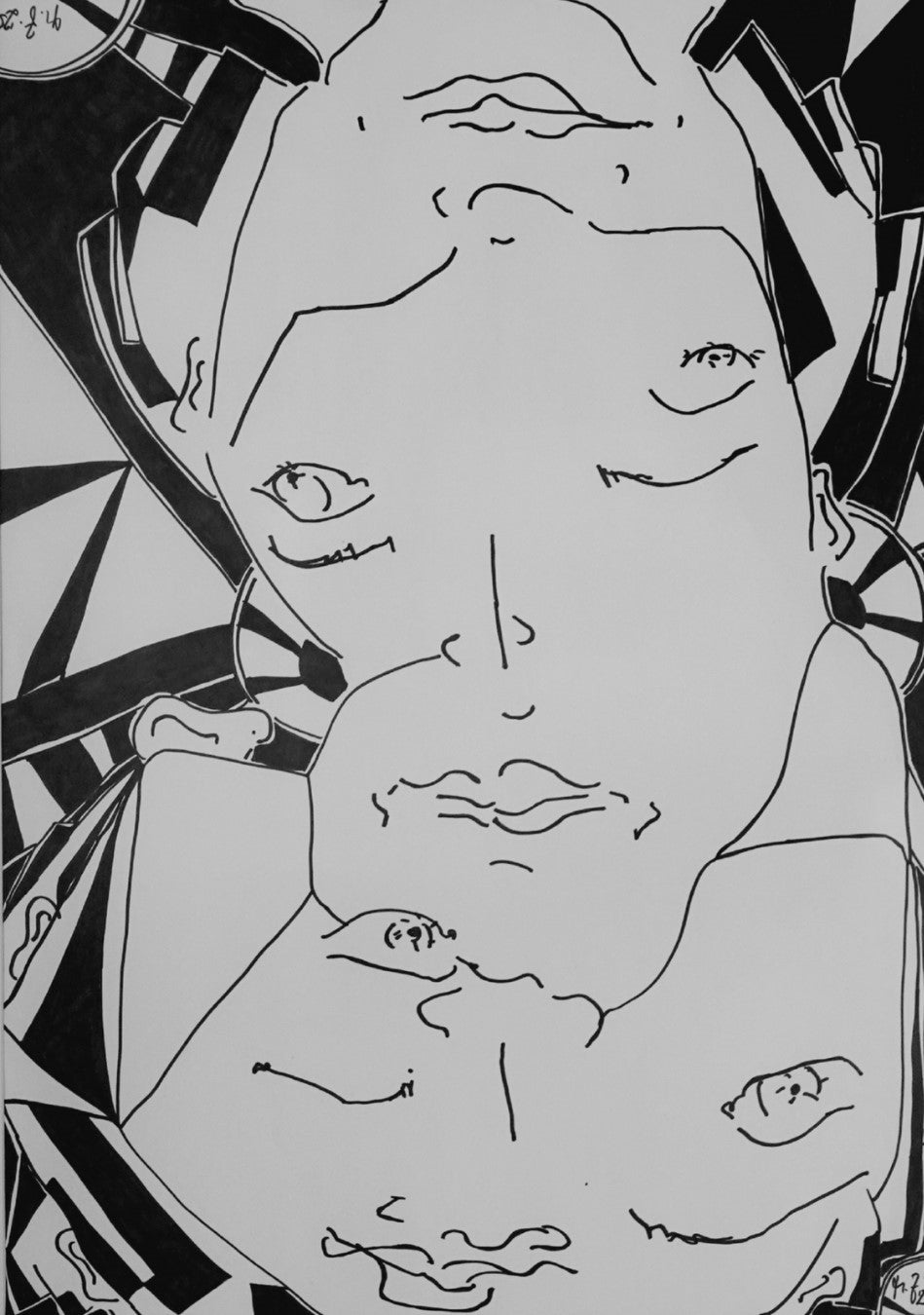 "Bipolarity I/II" von Melanie Zürn, 2025. Ein hochformatiges, schwarz-weißes Porträt im kubistischen Stil. Dargestellt ist eine menschliche Figur, die durch klare Linien und geometrische Formen abstrahiert wird. Die Arbeit verwendet Edding auf Zeichenpapier. Größe: 42 cm x 59,4 cm (ohne Rahmen). 