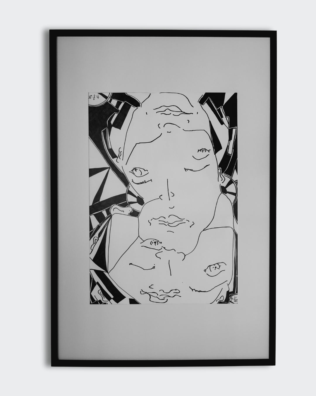 "Bipolarity I/II" von Melanie Zürn, 2025. Ein hochformatiges, schwarz-weißes Porträt im kubistischen Stil. Dargestellt ist eine menschliche Figur, die durch klare Linien und geometrische Formen abstrahiert wird. Die Arbeit verwendet Edding auf Zeichenpapier. Größe: 42 cm x 59,4 cm (ohne Rahmen). 