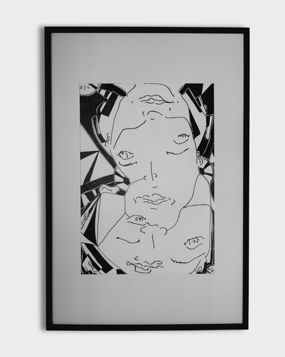 "Bipolarity I/II" von Melanie Zürn, 2025. Ein hochformatiges, schwarz-weißes Porträt im kubistischen Stil. Dargestellt ist eine menschliche Figur, die durch klare Linien und geometrische Formen abstrahiert wird. Die Arbeit verwendet Edding auf Zeichenpapier. Größe: 42 cm x 59,4 cm (ohne Rahmen). 