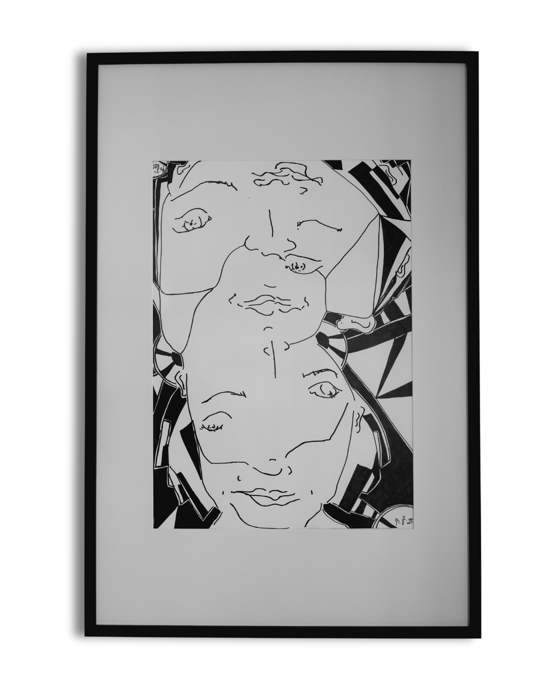 "Bipolarity I/II" von Melanie Zürn, 2025. Ein hochformatiges, schwarz-weißes Porträt im kubistischen Stil. Dargestellt ist eine menschliche Figur, die durch klare Linien und geometrische Formen abstrahiert wird. Die Arbeit verwendet Edding auf Zeichenpapier. Größe: 42 cm x 59,4 cm (ohne Rahmen). 