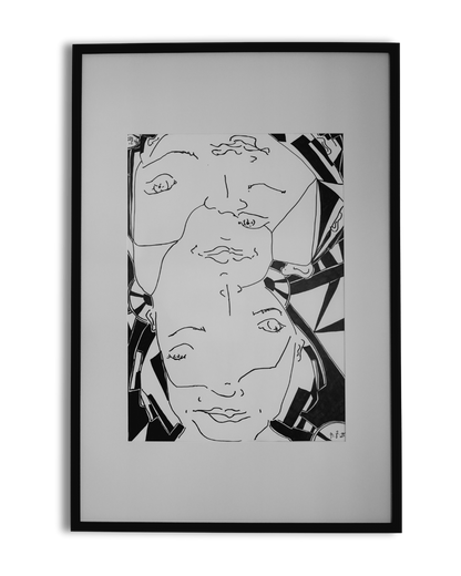 "Bipolarity I/II" von Melanie Zürn, 2025. Ein hochformatiges, schwarz-weißes Porträt im kubistischen Stil. Dargestellt ist eine menschliche Figur, die durch klare Linien und geometrische Formen abstrahiert wird. Die Arbeit verwendet Edding auf Zeichenpapier. Größe: 42 cm x 59,4 cm (ohne Rahmen). 