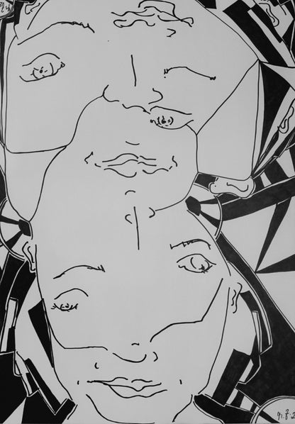 "Bipolarity I/II" von Melanie Zürn, 2025. Ein hochformatiges, schwarz-weißes Porträt im kubistischen Stil. Dargestellt ist eine menschliche Figur, die durch klare Linien und geometrische Formen abstrahiert wird. Die Arbeit verwendet Edding auf Zeichenpapier. Größe: 42 cm x 59,4 cm (ohne Rahmen). 