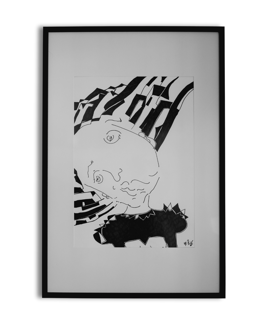 "Brainwash" (2025) von Melanie Zürn. Ein hochformatiges, schwarz-weißes Porträt im kubistischen Stil. Es zeigt eine menschliche Figur, deren Gesicht durch geometrische Formen und Linien abstrahiert ist. Der Hintergrund ist ebenfalls mit kubistischen Elementen gestaltet. Die Arbeit ist mit Edding auf Zeichenpapier ausgeführt. Größe: 42 cm x 59,4 cm (ohne Rahmen). 