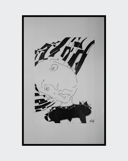 "Brainwash" (2025) von Melanie Zürn. Ein hochformatiges, schwarz-weißes Porträt im kubistischen Stil. Es zeigt eine menschliche Figur, deren Gesicht durch geometrische Formen und Linien abstrahiert ist. Der Hintergrund ist ebenfalls mit kubistischen Elementen gestaltet. Die Arbeit ist mit Edding auf Zeichenpapier ausgeführt. Größe: 42 cm x 59,4 cm (ohne Rahmen). 