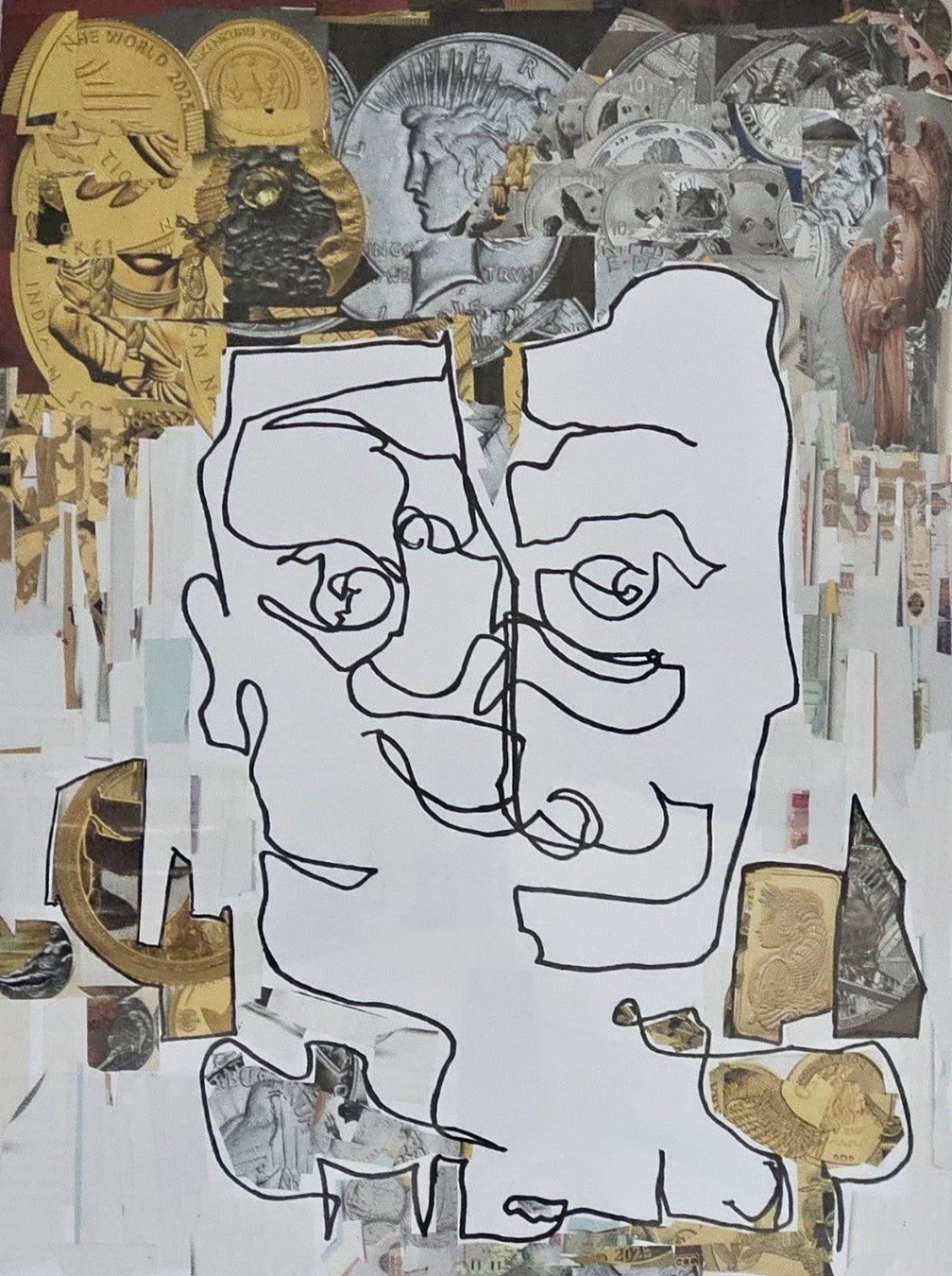 Abstrakte Porträt-Collage 'Hydra' von Melanie Zürn. Die zentrale Figur besteht aus zwei mit schwarzem Edding konturierten, ineinander verschmelzenden Gesichtern auf weißem Grund. Umrandet wird sie von einer Collage aus warmen, goldfarbenen Münzmotiven und hellen Papierfragmenten, die das Thema Geld und Wert andeuten.