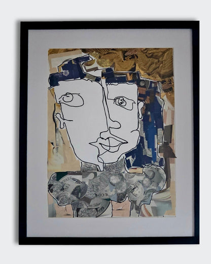 " One Line Art" (2025), ein hochformatiges Kunstwerk von Melanie Zürn im Stil des intuitiven Kubismus. Es zeigt ein abstraktes Porträt einer menschlichen Figur, gestaltet mit schwarzem Edding auf Papier und Collage-Elementen. Die Farbpalette umfasst Schwarz-Weiß und warme Farbakzente. Die Komposition ist minimalistisch und geometrisch. Größe: 29,7 cm x 42,0 cm.