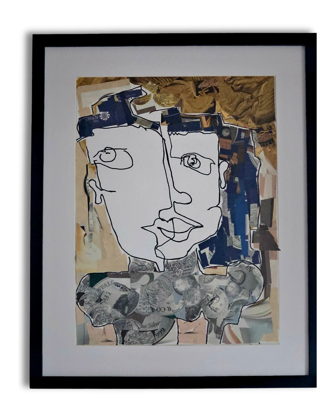 " One Line Art" (2025), ein hochformatiges Kunstwerk von Melanie Zürn im Stil des intuitiven Kubismus. Es zeigt ein abstraktes Porträt einer menschlichen Figur, gestaltet mit schwarzem Edding auf Papier und Collage-Elementen. Die Farbpalette umfasst Schwarz-Weiß und warme Farbakzente. Die Komposition ist minimalistisch und geometrisch. Größe: 29,7 cm x 42,0 cm.