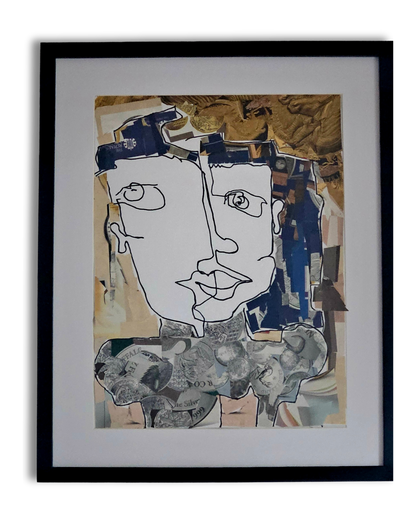 " One Line Art" (2025), ein hochformatiges Kunstwerk von Melanie Zürn im Stil des intuitiven Kubismus. Es zeigt ein abstraktes Porträt einer menschlichen Figur, gestaltet mit schwarzem Edding auf Papier und Collage-Elementen. Die Farbpalette umfasst Schwarz-Weiß und warme Farbakzente. Die Komposition ist minimalistisch und geometrisch. Größe: 29,7 cm x 42,0 cm.