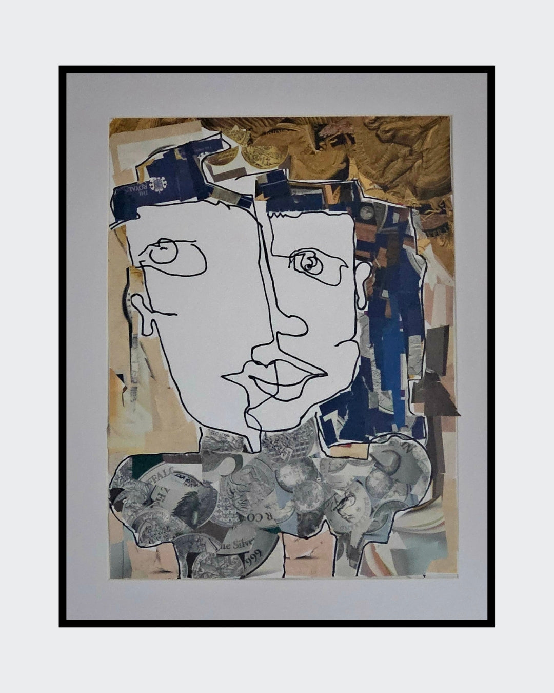 " One Line Art" (2025), ein hochformatiges Kunstwerk von Melanie Zürn im Stil des intuitiven Kubismus. Es zeigt ein abstraktes Porträt einer menschlichen Figur, gestaltet mit schwarzem Edding auf Papier und Collage-Elementen. Die Farbpalette umfasst Schwarz-Weiß und warme Farbakzente. Die Komposition ist minimalistisch und geometrisch. Größe: 29,7 cm x 42,0 cm.