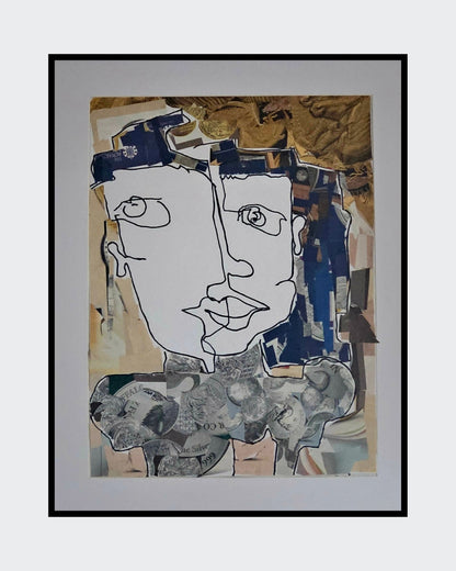 " One Line Art" (2025), ein hochformatiges Kunstwerk von Melanie Zürn im Stil des intuitiven Kubismus. Es zeigt ein abstraktes Porträt einer menschlichen Figur, gestaltet mit schwarzem Edding auf Papier und Collage-Elementen. Die Farbpalette umfasst Schwarz-Weiß und warme Farbakzente. Die Komposition ist minimalistisch und geometrisch. Größe: 29,7 cm x 42,0 cm.