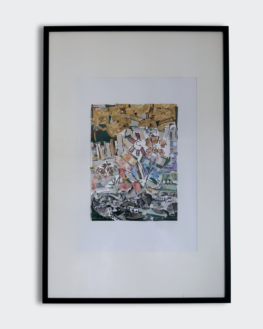 "Papier Collé No. 1" (2025) von Melanie Zürn. Ein hochformatiges Kunstwerk im Stil des intuitiven Kubismus. Es handelt sich um eine Collage mit Elementen einer Landschaft oder Naturdarstellung. Schwarzer Edding auf Papier wird mit farbigen Collage-Elementen kombiniert, die warme Farben aufweisen. Die Komposition ist abstrakt und geometrisch. Größe: 29,7 cm x 42,0 cm.