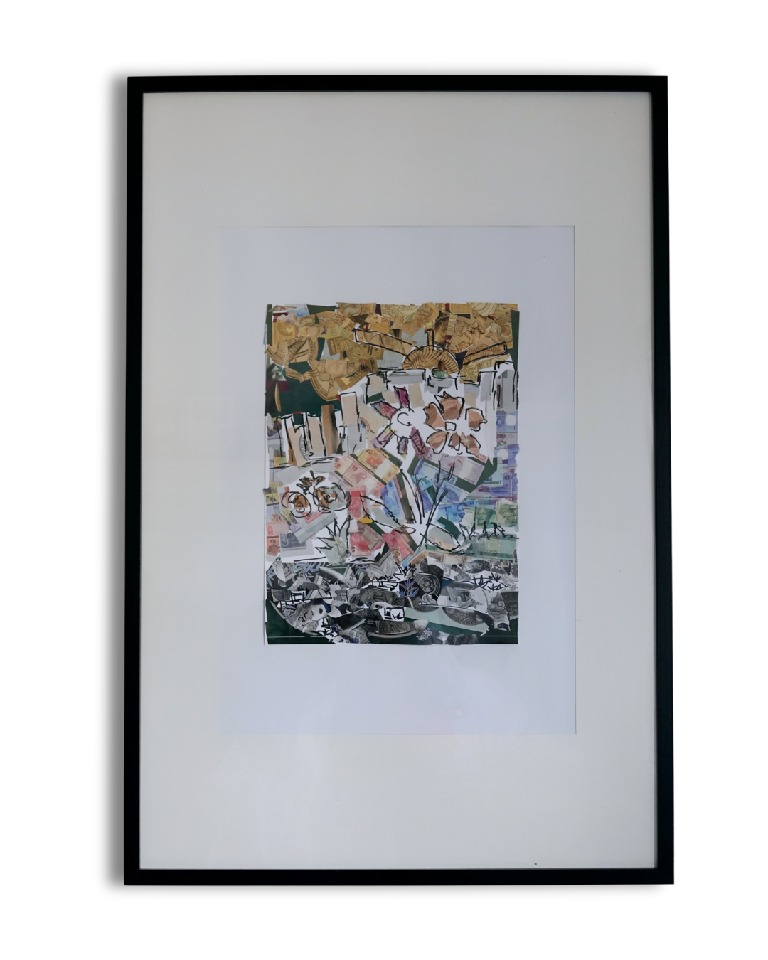 "Papier Collé No. 1" (2025) von Melanie Zürn. Ein hochformatiges Kunstwerk im Stil des intuitiven Kubismus. Es handelt sich um eine Collage mit Elementen einer Landschaft oder Naturdarstellung. Schwarzer Edding auf Papier wird mit farbigen Collage-Elementen kombiniert, die warme Farben aufweisen. Die Komposition ist abstrakt und geometrisch. Größe: 29,7 cm x 42,0 cm.