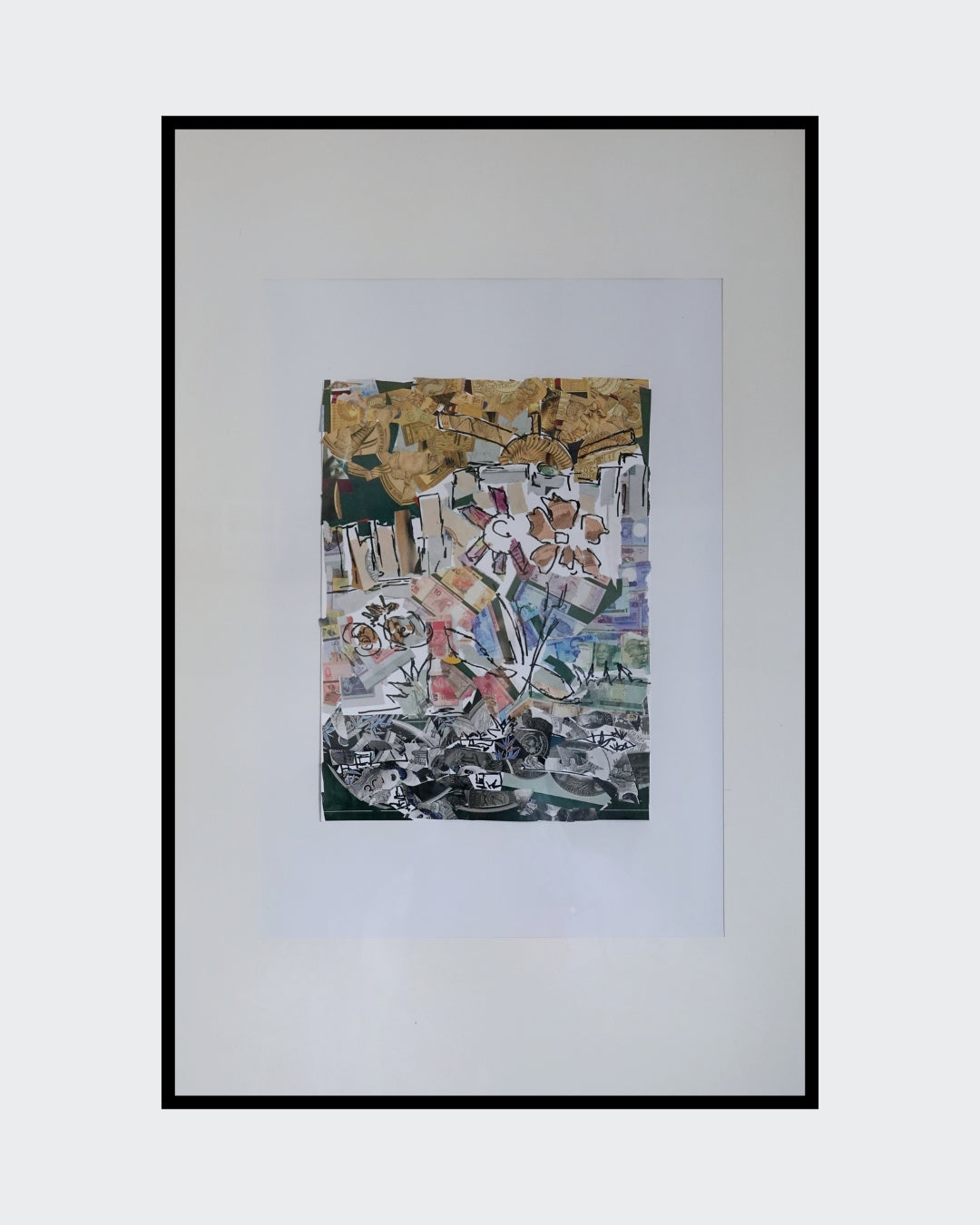 "Papier Collé No. 1" (2025) von Melanie Zürn. Ein hochformatiges Kunstwerk im Stil des intuitiven Kubismus. Es handelt sich um eine Collage mit Elementen einer Landschaft oder Naturdarstellung. Schwarzer Edding auf Papier wird mit farbigen Collage-Elementen kombiniert, die warme Farben aufweisen. Die Komposition ist abstrakt und geometrisch. Größe: 29,7 cm x 42,0 cm.