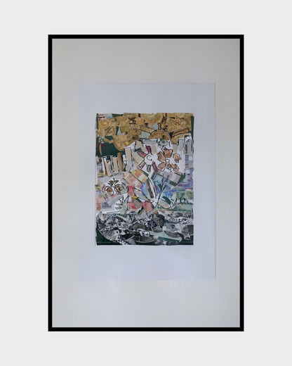 "Papier Collé No. 1" (2025) von Melanie Zürn. Ein hochformatiges Kunstwerk im Stil des intuitiven Kubismus. Es handelt sich um eine Collage mit Elementen einer Landschaft oder Naturdarstellung. Schwarzer Edding auf Papier wird mit farbigen Collage-Elementen kombiniert, die warme Farben aufweisen. Die Komposition ist abstrakt und geometrisch. Größe: 29,7 cm x 42,0 cm.