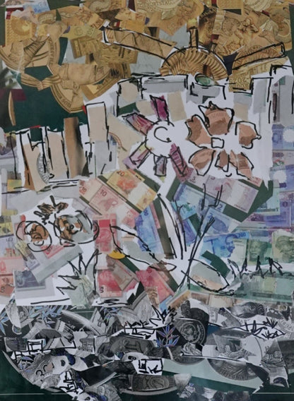 "Papier Collé No. 1" (2025) von Melanie Zürn. Ein hochformatiges Kunstwerk im Stil des intuitiven Kubismus. Es handelt sich um eine Collage mit Elementen einer Landschaft oder Naturdarstellung. Schwarzer Edding auf Papier wird mit farbigen Collage-Elementen kombiniert, die warme Farben aufweisen. Die Komposition ist abstrakt und geometrisch. Größe: 29,7 cm x 42,0 cm.