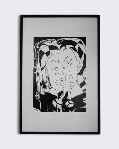 Schwarz-weiß Zeichnung 'Siamese Sisters' von Melanie Zürn. Im Stil des intuitiven Kubismus zeigt das Bild zwei ineinander verschmelzende Gesichter, gezeichnet mit kräftigen schwarzen Edding-Linien. Die Figuren sind von einem markanten, geometrischen Schachbrettmuster im Kopfbereich umgeben.