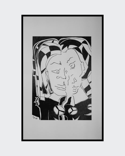 Schwarz-weiß Zeichnung 'Siamese Sisters' von Melanie Zürn. Im Stil des intuitiven Kubismus zeigt das Bild zwei ineinander verschmelzende Gesichter, gezeichnet mit kräftigen schwarzen Edding-Linien. Die Figuren sind von einem markanten, geometrischen Schachbrettmuster im Kopfbereich umgeben.