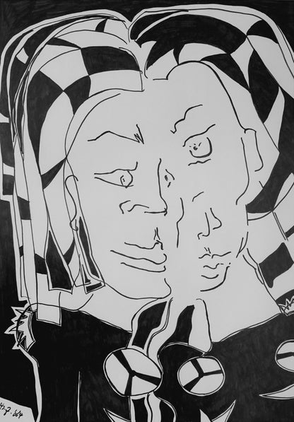 Schwarz-weiß Zeichnung 'Siamese Sisters' von Melanie Zürn. Im Stil des intuitiven Kubismus zeigt das Bild zwei ineinander verschmelzende Gesichter, gezeichnet mit kräftigen schwarzen Edding-Linien. Die Figuren sind von einem markanten, geometrischen Schachbrettmuster im Kopfbereich umgeben.