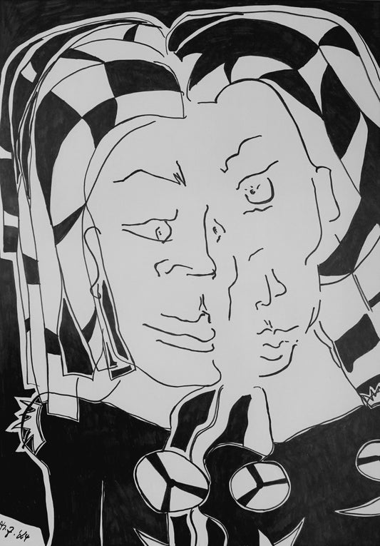 Schwarz-weiß Zeichnung 'Siamese Sisters' von Melanie Zürn. Im Stil des intuitiven Kubismus zeigt das Bild zwei ineinander verschmelzende Gesichter, gezeichnet mit kräftigen schwarzen Edding-Linien. Die Figuren sind von einem markanten, geometrischen Schachbrettmuster im Kopfbereich umgeben.
